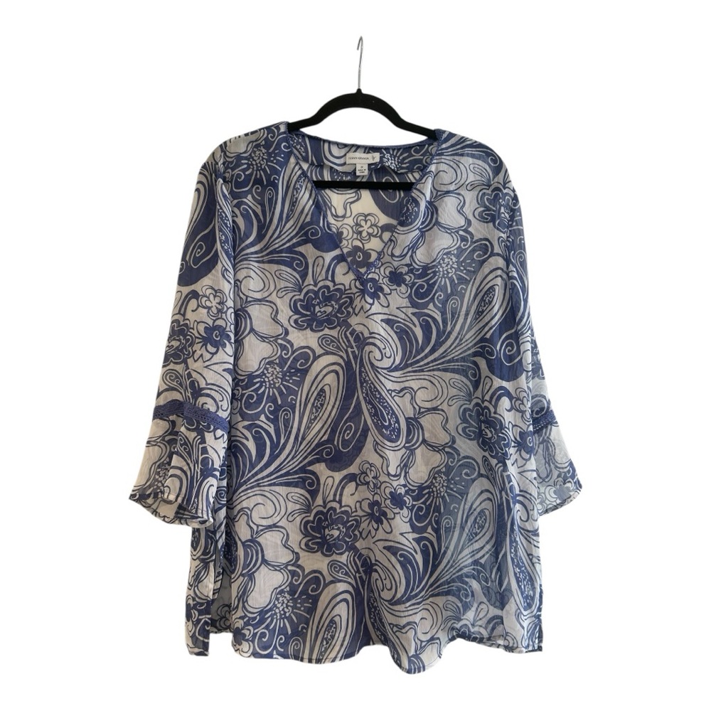 Susan Graver Style Pullover Top Sheer Plus 1X Blue White Swirl Chiffon Tunic Top